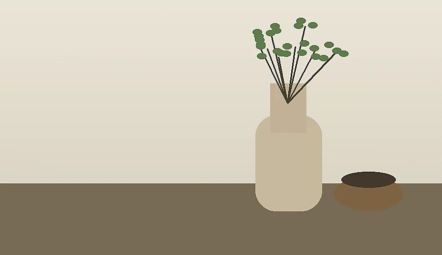 화병과 찻잔이 놓인 차분한 오브제 장면